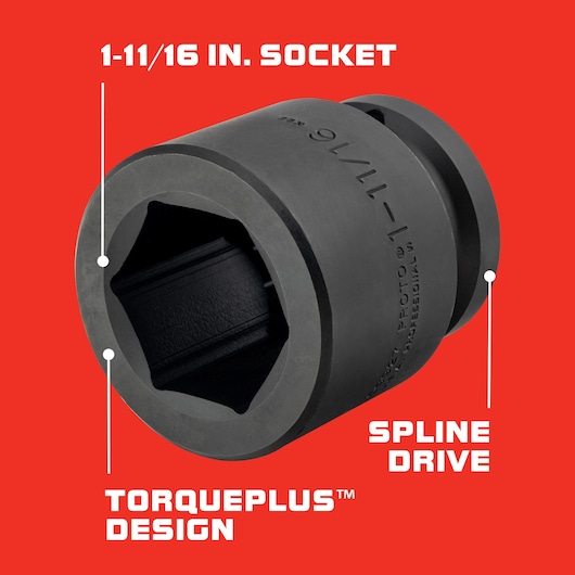PROTO J09927 1-11/16 inch black socket with TorquePlus design and spline drive, close-up front angle, red background.