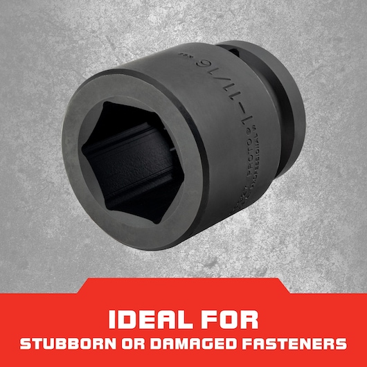PROTO J09927 impact socket, black finish, angled view on gray textured background, shown with ideal use for stubborn or damaged fasteners.