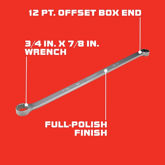 PROTO J112428L full-polish 3/4 in. x 7/8 in. 12-point offset box end wrench on white background, angled view.