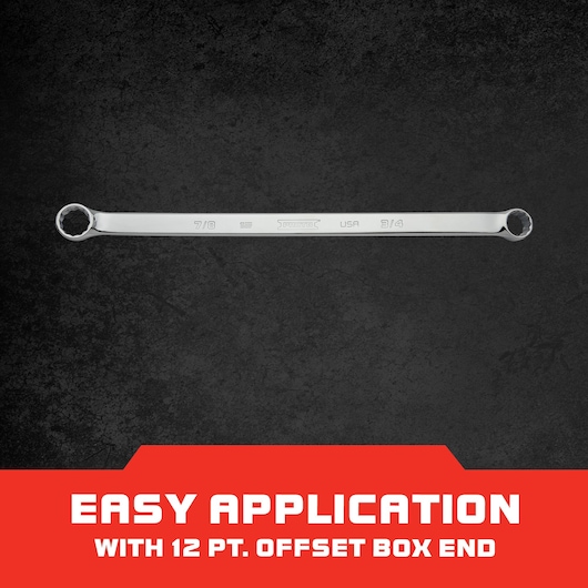PROTO J112428L offset box end wrench with 12-point ends, silver finish, displayed on black background.