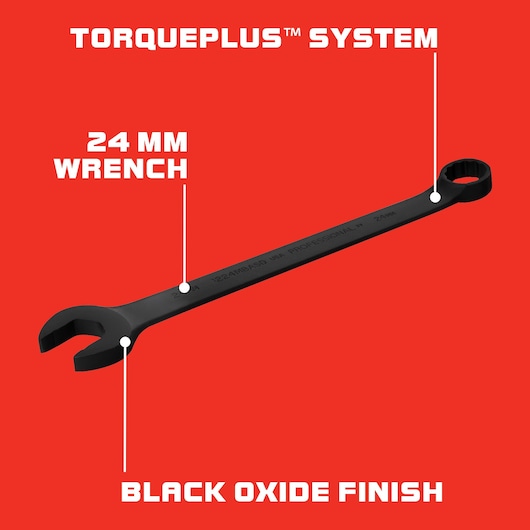 PROTO J1224MBASD 24 mm wrench with TORQUEPLUS system, black oxide finish, shown on red background at angle.