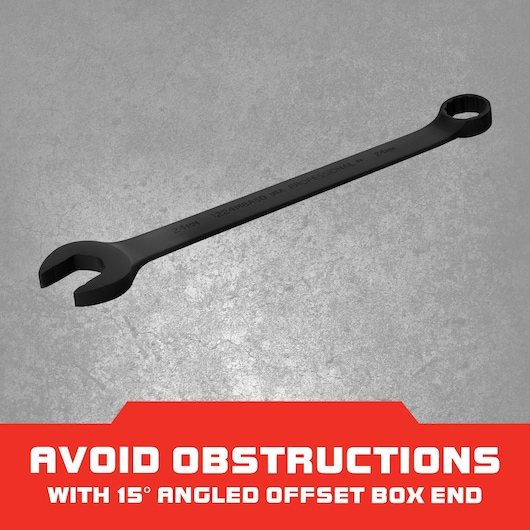 PROTO J1224MBASD combination wrench with 15-degree angled offset box end, shown on gray background, graphics style.