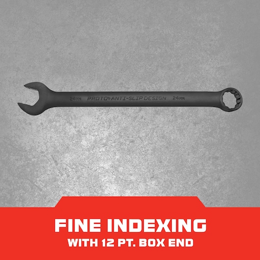 PROTO J1224MBASD combination wrench with anti-slip design and 12-point box end, top view on gray background.