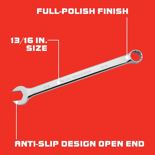 PROTO 13/16 inch combination wrench J1226SPL with full-polish finish and anti-slip open end, side view on red background.