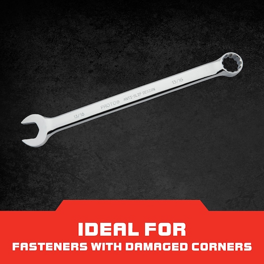 Photo of PROTO J1226SPL combination wrench, 13/16 inch size, chrome finish, angled on dark surface, ideal for damaged fasteners.