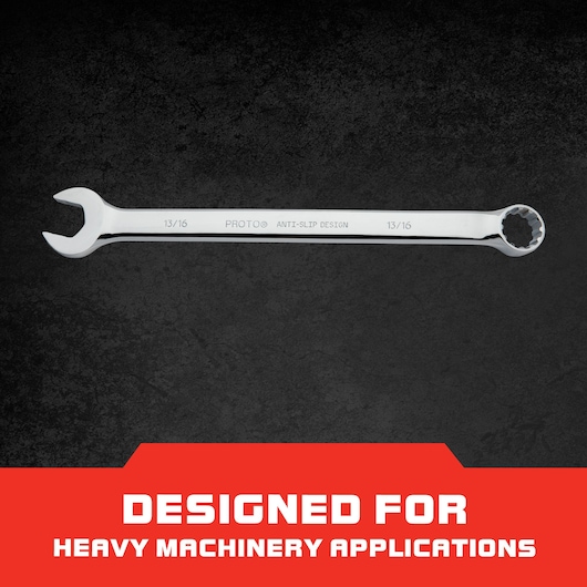 Photo of PROTO J1226SPL combination wrench, 13/16 inch, anti-slip design, on dark background, top view.