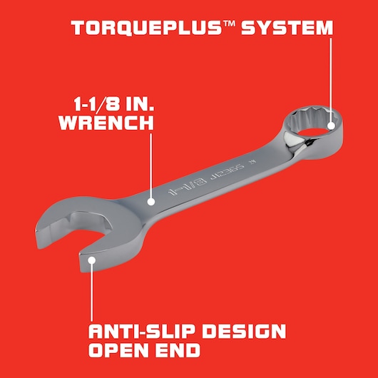 PROTO J1236S combination wrench, 1-1/8 inch, anti-slip open end and box end, chrome finish, angled front on red.