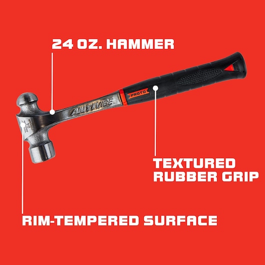 PROTO 24 oz. hammer J1324AVP with textured rubber grip and rim-tempered surface, side angle on red background.