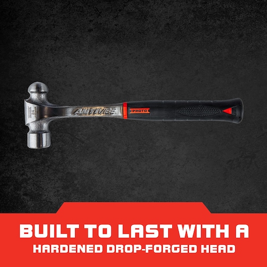 PROTO J1324AVP ball peen hammer with black and red anti-slip handle and hardened drop-forged head, side view.