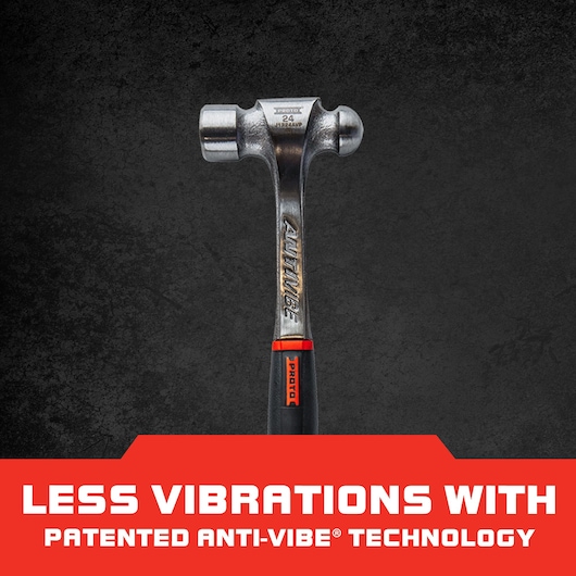 Photo of PROTO J1324AVP graphics showing a double-face sledge hammer with Anti-Vibe handle, less vibrations highlighted.