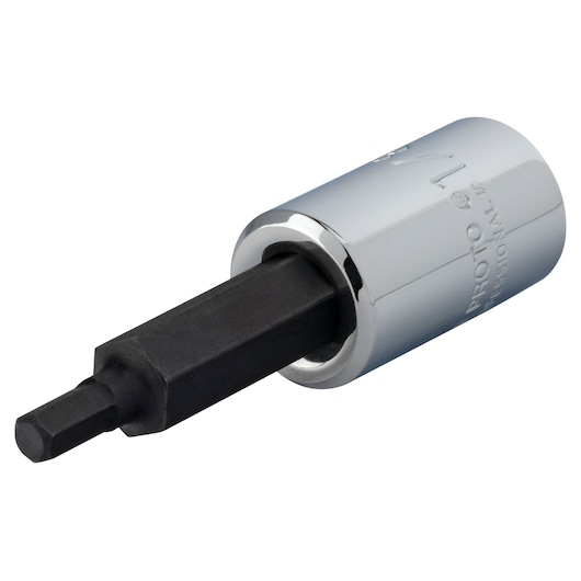 Photo of PROTO J47701/8 hex bit socket with chrome body and black hex tip, side angle on white background.