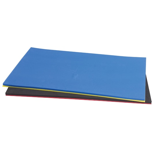 PROTO DIYBLK-DIYBL photography of three rectangular foam sheets in blue, yellow, and black on white background.