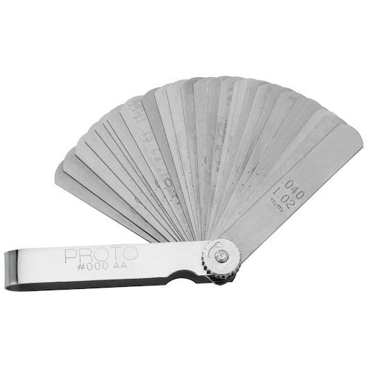PROTO J000AA feeler gauge set, fanned out, stainless steel blades, product photography on white background.