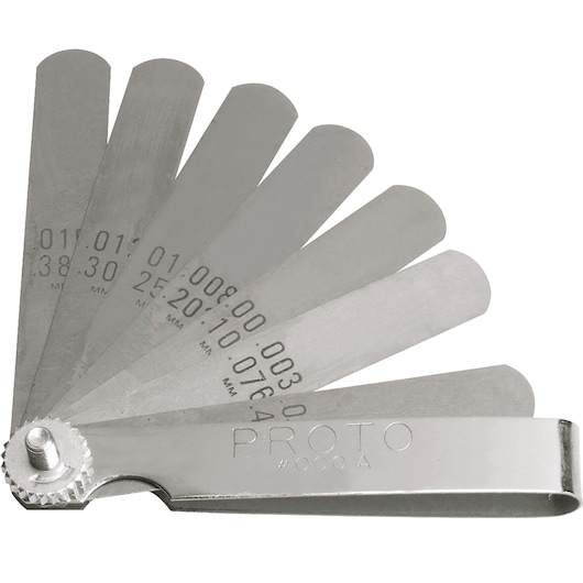 PROTO J000A feeler gauge set with multiple stainless steel blades fanned out, close-up angle on white background.