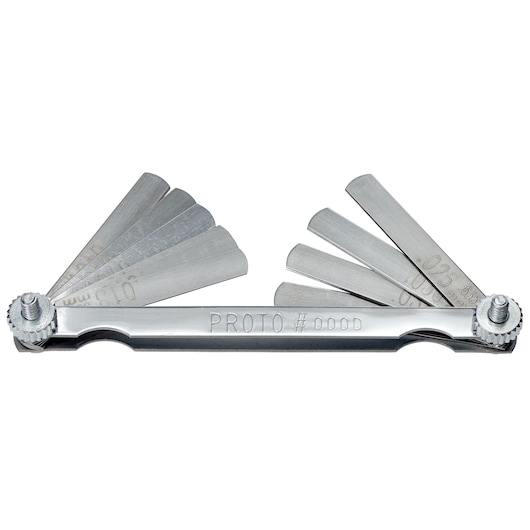 PROTO J000D steel feeler gauge set, unfolded, on white background, front angle.