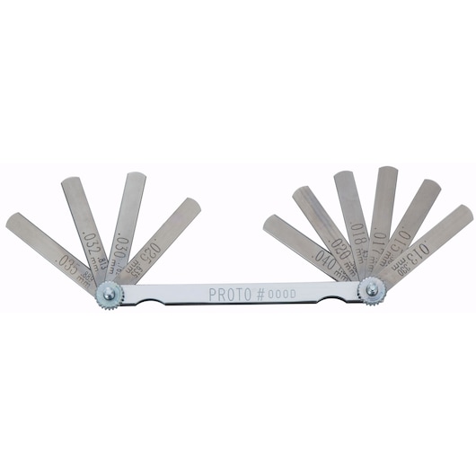 PROTO J000D steel feeler gauge set, multiple blades fanned open, product photography on white background.