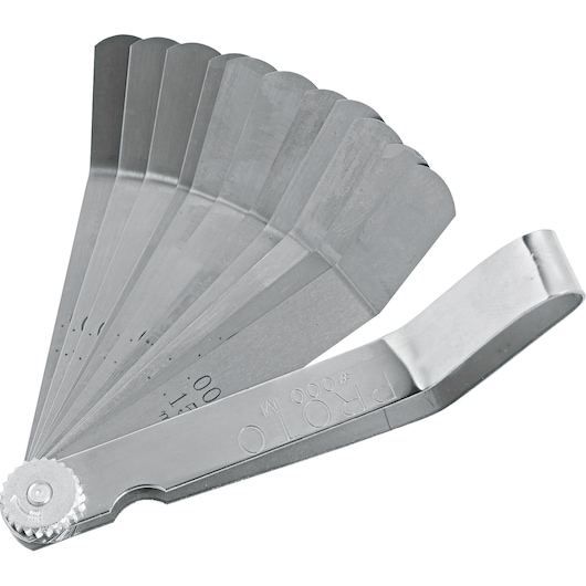 PROTO J000M feeler gauge set with multiple metal blades fanned out, shown on white background.
