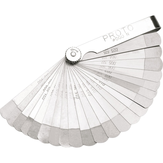 PROTO J000N feeler gauge set, fan of precision metal blades with measurements, angled on white background.