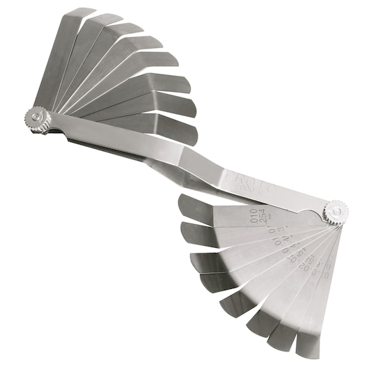 Photo of PROTO J000R stainless steel feeler gauge set, fanned open, on white background.