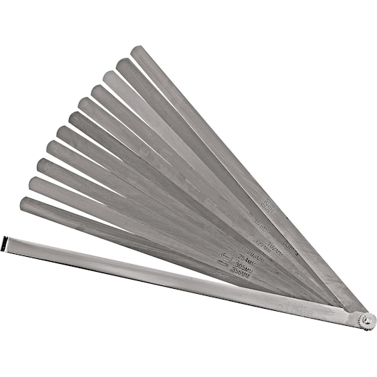 PROTO J000SL feeler gauge set with multiple stainless steel blades fanned out, product photography on white background.