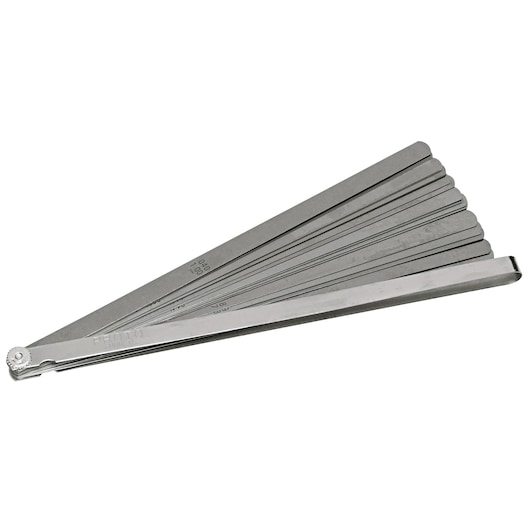 PROTO J000TL stainless steel feeler gauge set, fanned open, side angle, photography on white background.