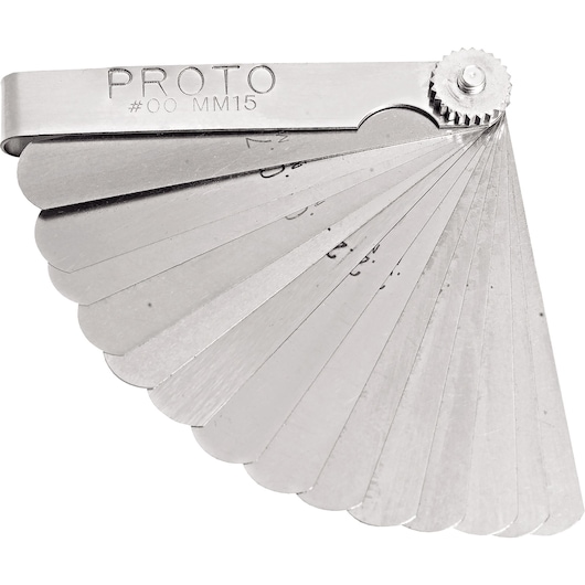 PROTO J00MM15 feeler gauge set with multiple stainless steel blades fanned out, photographed on white background.