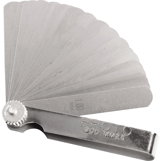 PROTO J00MM25 feeler gauge set with multiple metal blades fanned out, product shown on white background.