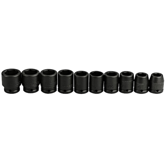 PROTO J07500-10 black impact socket set, photography of ten pieces, front view on white background