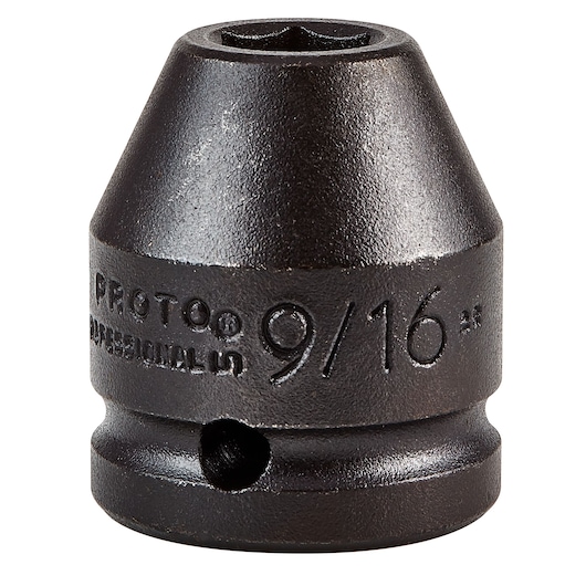PROTO J07509 black 9/16 inch impact socket, hex opening, front angle on white background.