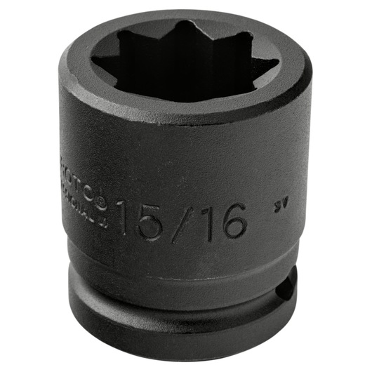 PROTO J07515S black 15/16 inch impact socket, deep 6-point, photography, front angle on white background.
