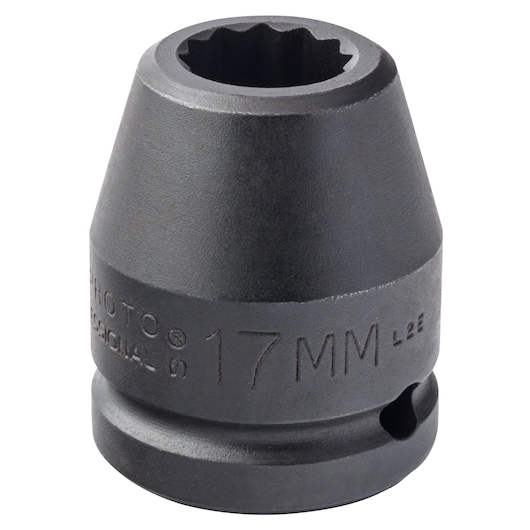 PROTO J07517MT impact socket, 17mm, black steel, product photo, front angle on white background.