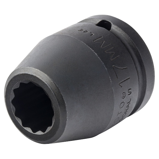PROTO J07517MT black 17mm impact socket, side angle on white background.