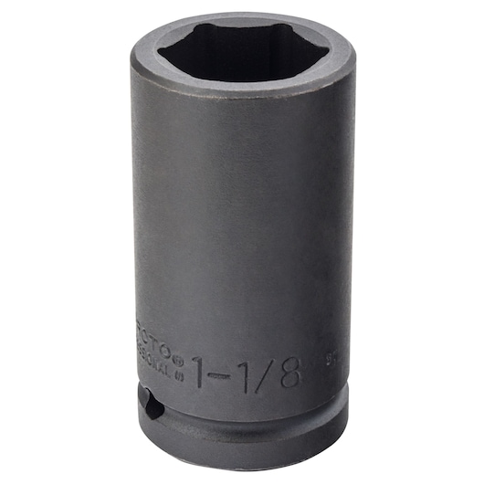 Photo of PROTO J07518L black 1-1/8 inch impact socket, cylindrical shape, front angle on white background.