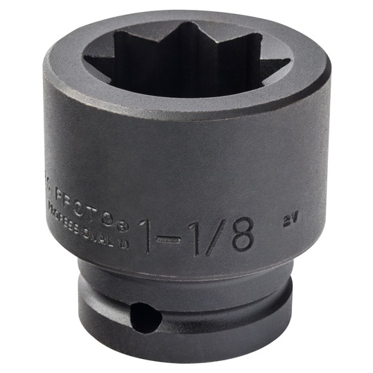 PROTO J07518S black impact socket, six-point, 1-1/8 inch, side angle on white background.