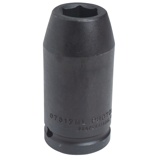 Photo of a black PROTO deep impact socket J07519ML, shown upright on white background.