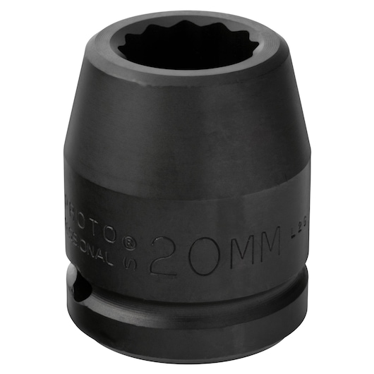 Photo of PROTO J07520MT black 20mm impact socket, cylindrical shape, front angle, on white background.