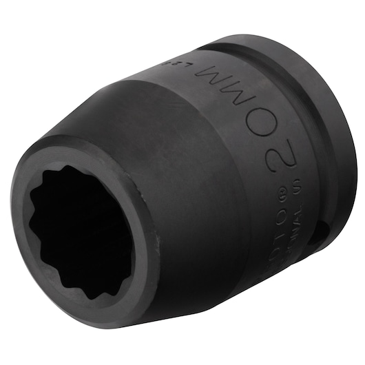 PROTO J07520MT black 20mm 12-point impact socket, angled view on white background.