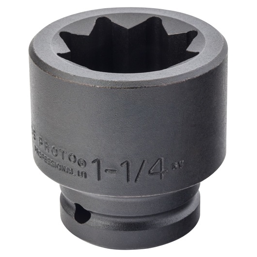 Photo of PROTO J07520S 1-1/4 inch black industrial impact socket, front angled on white background.
