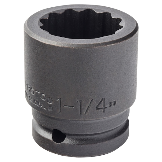 PROTO J07520T black six-point impact socket, 1-1/4 inch size, front angle on white background.