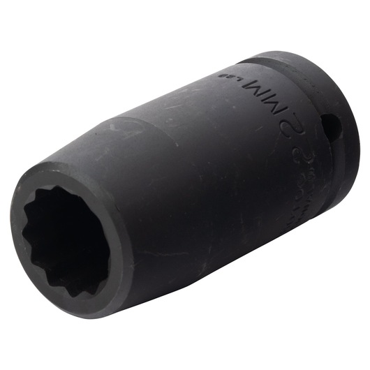 PROTO J07522MLT black industrial socket, 12-point, cylindrical, angled on white background.