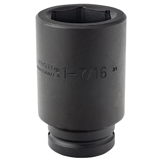 PROTO J07523L black impact socket, 1-7/16 inch, front angle, photography on white background.