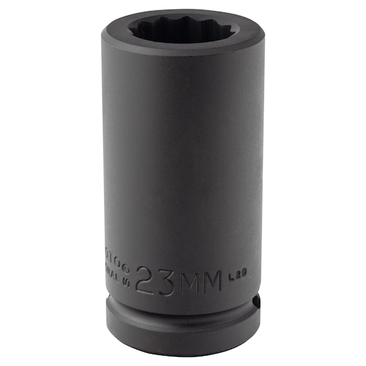 PROTO J07523MLT black 23mm deep impact socket, side angle on white background.