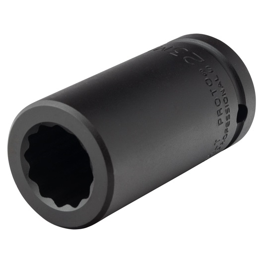 PROTO J07523MLT black 12-point deep impact socket, side angle on white background.