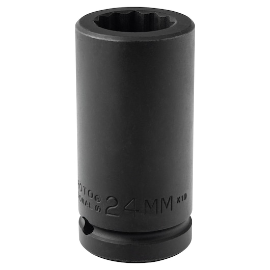 Photo of PROTO J07524MLT black 24mm deep impact socket, cylindrical, upright on white background.