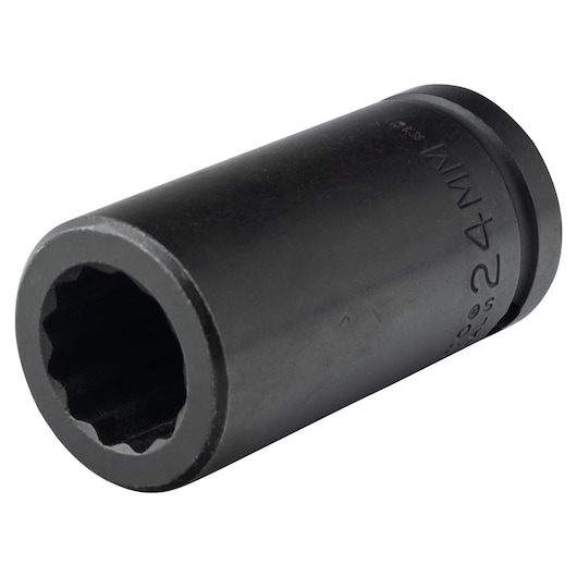 PROTO J07524MLT black 24mm impact socket, cylindrical, front angle on white background.