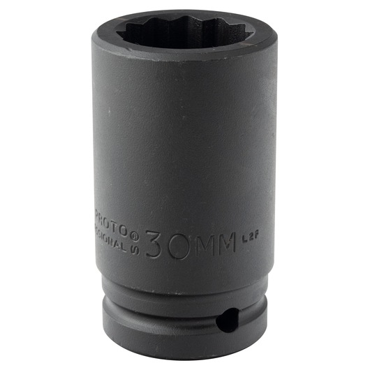 Photo of PROTO J07530MLT black 30mm impact socket, cylindrical, front angle, on white background.