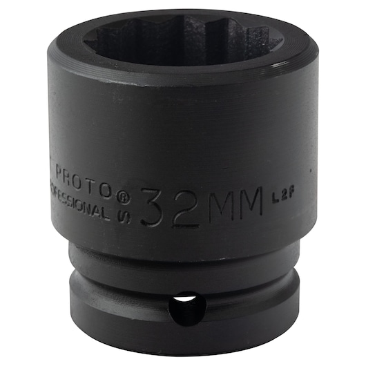PROTO J07532MT 32mm black impact socket, round profile, close-up angled on white background.