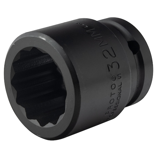 Photo of PROTO J07532MT black 32mm impact socket, side angle on white background, with engraved size marking.