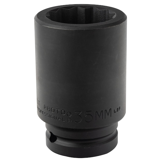 PROTO J07535MLT black 35mm impact socket, hex interior, upright angle on white background.