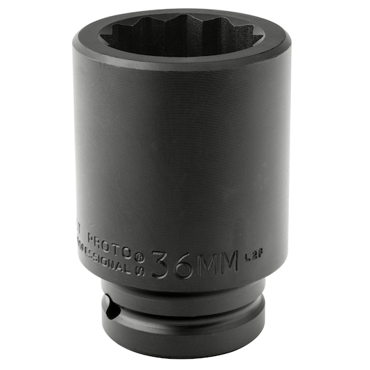PROTO J07536MLT 36mm black impact socket, cylindrical shape, front angle, on white background.